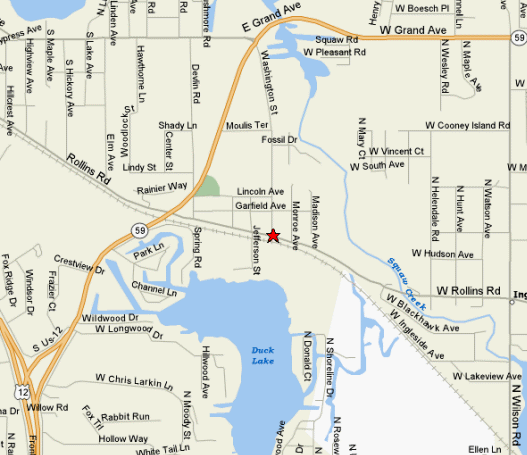 Just off Route 12 on Washington and Rollins. Just up (North) from the star on this map.